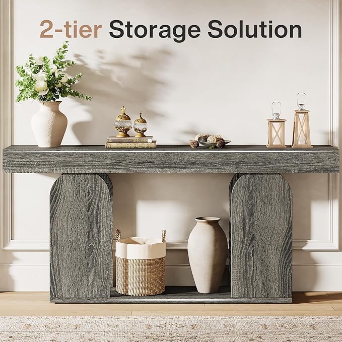 Tribesigns 70.9-Inch Extra Long Sofa Table, Farmhouse Console Tables with Wood Frame and Storage Shelf, 2-Tier Wood Table Behind Couch for Living Room, Hallway, Foyer, Light Brown (Dark Gray)