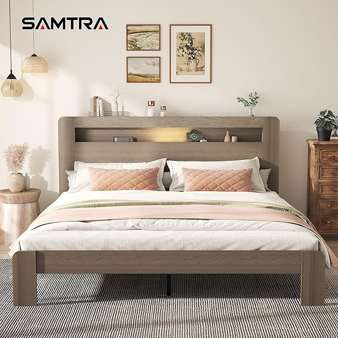 Wooden Bed Frame King Size with Storage Headboard - Farmhouse Platform Bed Frame with Bookcase Shelf & Led Lights, Sturdy Wood Slat Framework Bed Frame (Light Brown LED)