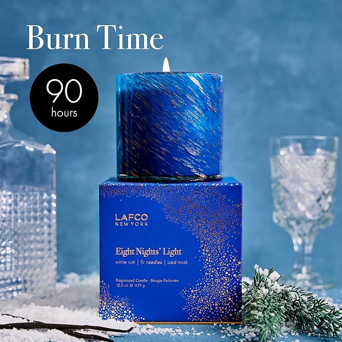 LAFCO New York 2025 Holiday Signature Candle, Eight Nights’ Light - 15.5 oz - 90-Hour Burn Time - Reusable, Hand Blown Glass Vessel - Made in The USA