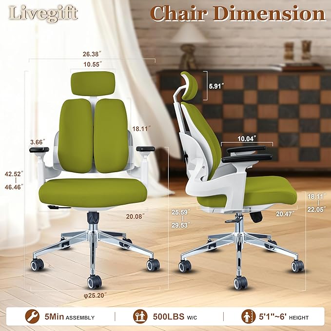 Big and Tall Office Chair 500lbs, Extra Wide 20" Seat and Reinforced Frame, Dual-backrest Ergonomic Desk Chair with Headrest and Flip-Up Arms, High Back Task Chair for Back Pain-Green