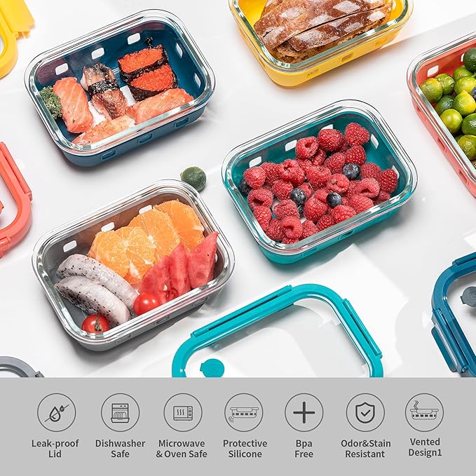 GENICOOK 2.7 CUP Glass Food Storage Containers with Glass Lids,5 Pack-Aitight Meal Prep Container Set with Silicone Sleeve, BPA-Free, Dishwasher, Microwave, and Freezer Safe