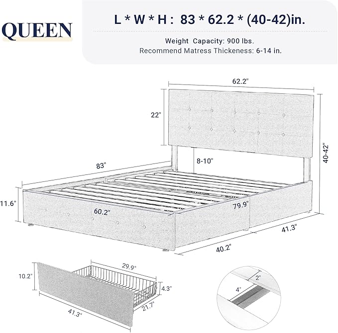 Allewie Upholstered Queen Size Platform Bed Frame with 4 Storage Drawers and Headboard, Square Stitched Button Tufted, Mattress Foundation with Wooden Slats Support, No Box Spring Needed, Beige