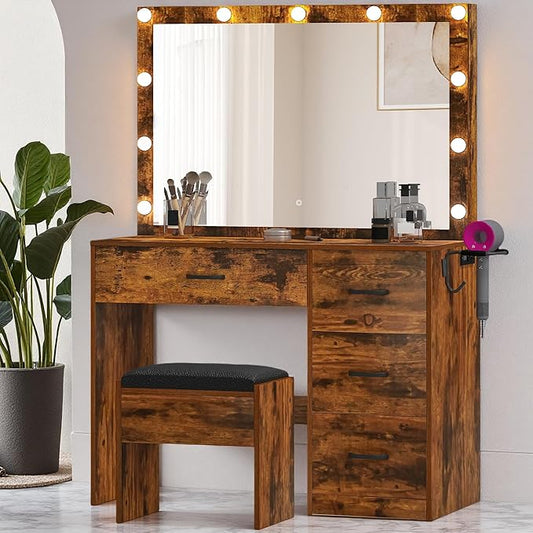 DWVO Vanity Desk with Stool, 4 Drawers, Lighted Makeup Desk with Large Mirror, 3 Color Modes, Outlets & USB Ports