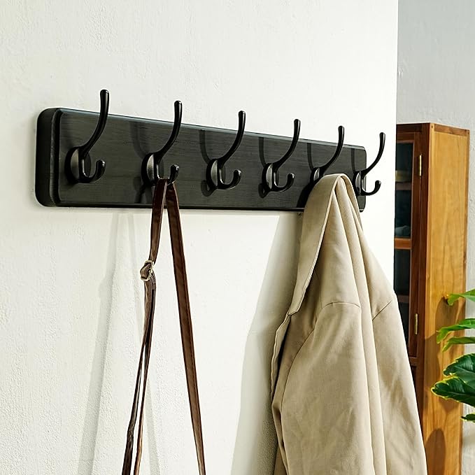 Dseap Coat Rack Wall: 24" Long, Patented, Heavy-Duty, 6-Double-Hooks Wooden Wall Mounted Coat Rack Coat Hanger Hook Rail for Winter Coats Hat Jacket Clothing, Black