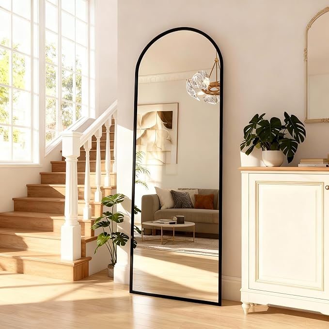 Arched Full Length Mirror,65" L x 24" W Floor Mirror, Aluminum Alloy Frame, Shatterproof Glass - Free Standing, Leaning or Wall Mounted for Bedroom, Living Room, Entryway, Modern Home (Black)