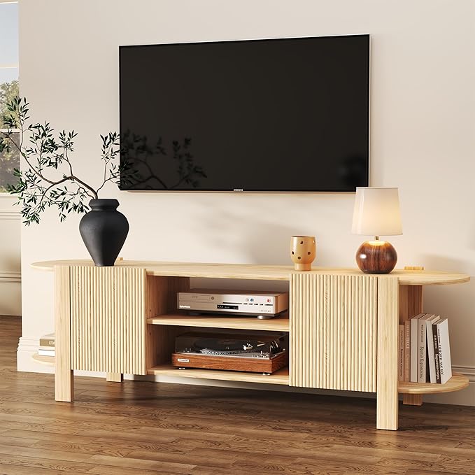 65 Inch TV Stand for Up to 75 inch TVs, Fluted Entertainment Center with Adjustable Shelve, Curved Round Corner TV Console Table with Storage Cabinet for Living Room, Bed Room (Natrual Wood)