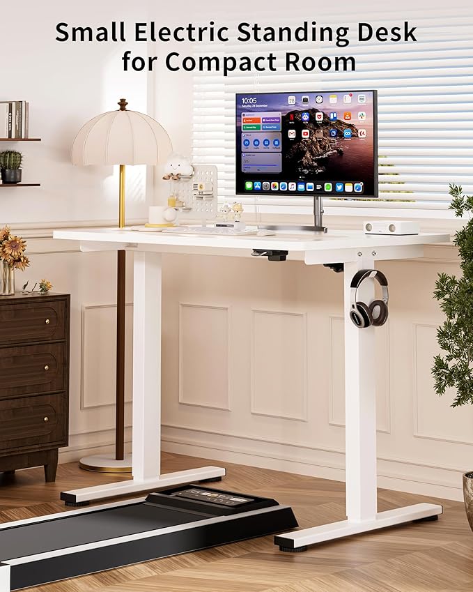Okin Small Electric Standing Desk, 40" x 24" Whole Piece Height Adjustable White Sit to Stand Desk Computer Workstation for Home Office
