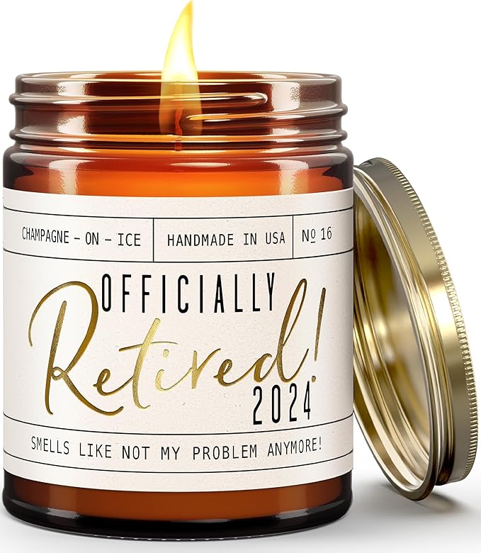 Retirement Gift for Woman - 'Officially Retired 2024' Candle, w/Champagne on Ice I Happy Retirement Gifts for Women 2024 I Retired Gifts for Women I 50Hr Burn, Made in USA
