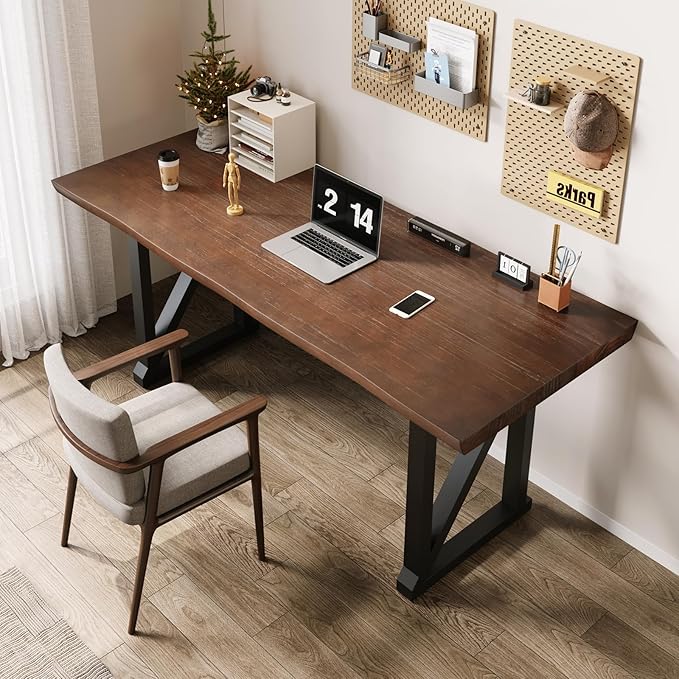 Solid Wood and Metal Modern Industrial 56 inch Wide Home Office Desk, Writing Table, Workstation, Perfect Table for Your workspace Study Table Furniture in Rustic Natural Aged Brown