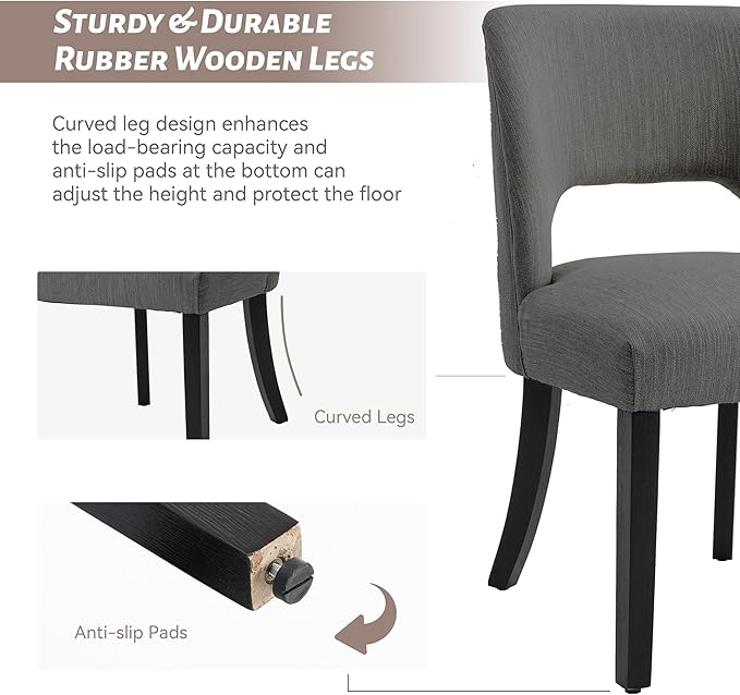 VKNOW Wooden Dining Chairs Set of 4, Modern Fabric Upholstered Dining Room Chair Kitchen Chairs, Farmhouse Dinner Chair for Kitchen Dining Room, Dark Grey-Black Legs