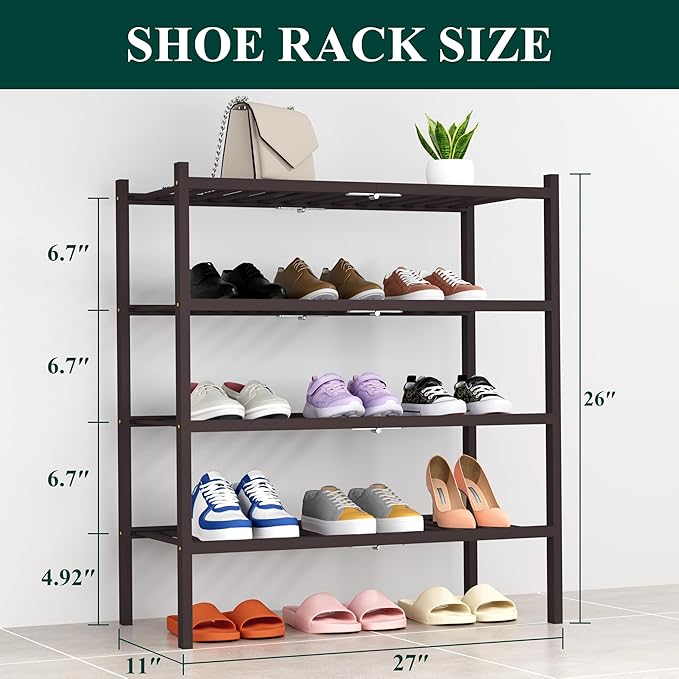 Smiry Shoe Rack, 4 Tier Thick Bamboo Shoe Organizer, Stackable Free Standing Wooden Shoe Storage Shelf for Closet, Entryway, Front Door Entrance, Brown