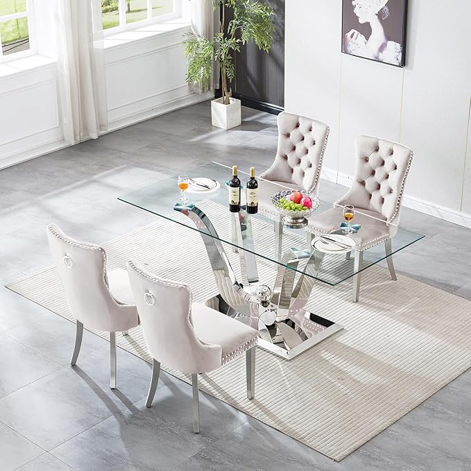 70" Modern Silver Glass Dining Table Set for 4, 5-Piece Rectangle Kitchen Dining Room Table Set with Steel Base & 4 Beige Velvet Upholstered Chairs, Modern Glass Kitchen Table and Chairs Set of 4