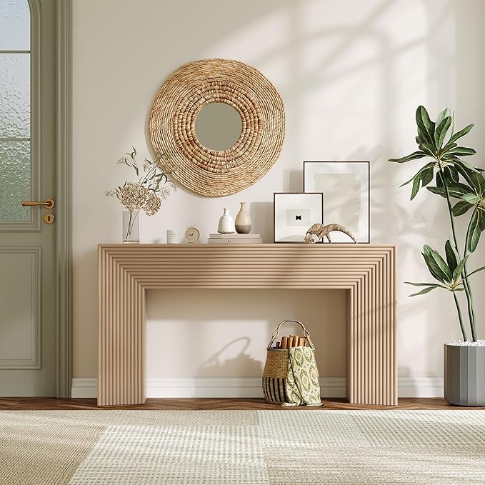 55-Inch Wood Entryway Table with Storage, Narrow Long Sofa Table Behind Couch, Fluted Console Table for Entryway, Hallway, Living Room, Accent Table for Decoration and Organization, Natural Wood