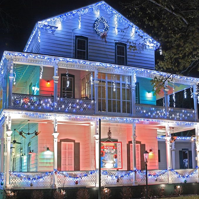 Vivideal 200 LED Christmas Lights Outdoor, 66ft Christmas String Lights 8 Modes Plug in Waterproof Fairy Lights with Timer Memory for Indoor Outside Bedroom Home Party Decoration, Blue&White