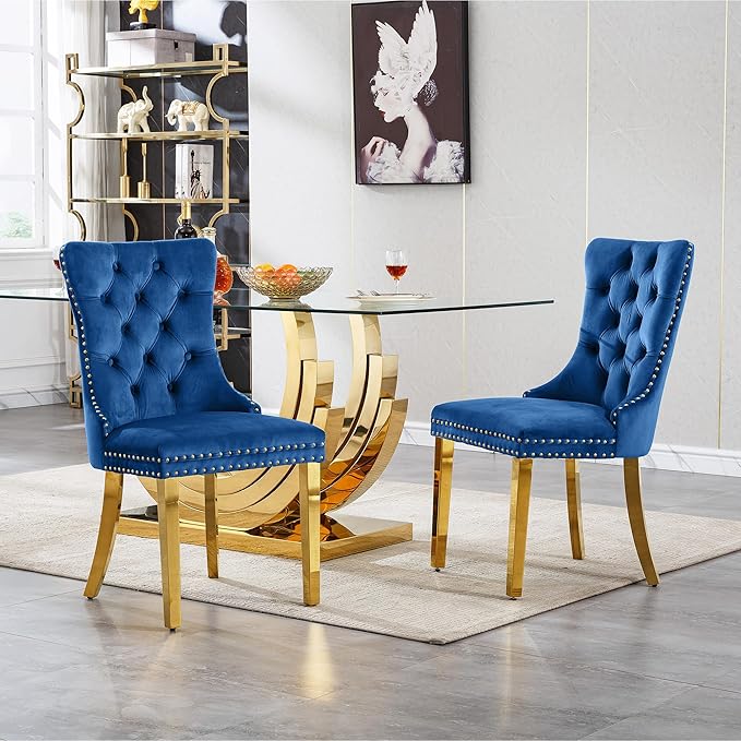 7 Piece Dining Table Set with 6 Blue Dining Chairs, Modern Glass Kitchen Table and Chairs Set for 6, 70" Rectangle Gold Glass Pedestal Dining Room Tables with Ring-Shape Stainless Steel Base