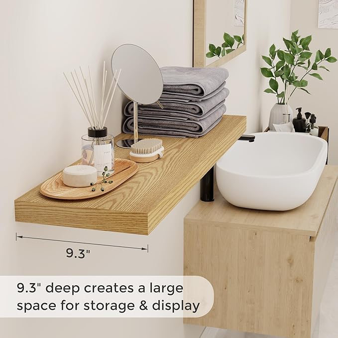 Fun Memories Floating Shelves for Wall, 36 x 9.3 Large Floating Shelf Wall Mounted Set of 2, Rustic Wood Shelves for Bathroom, Kitchen, Living, Heavy-Duty Storage Deep Shelf for Books, Decor, Oak