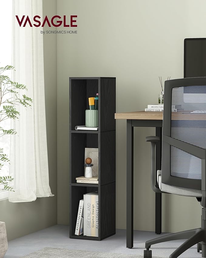 VASAGLE Custos Collection - Bookshelf, 3-Tier Bookcase, Book Shelf, Open Storage Shelf, 9.4 x 7.9 x 37.3 Inches, for Living Room, Home Office, Dining Room, Ebony Black ULBC523B01