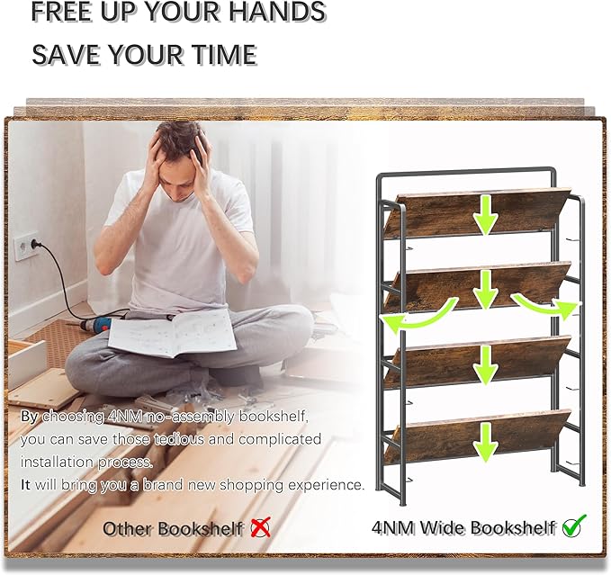 4NM No Assembly Extra Wide 4 Tiers Folding Bookshelf Storage Shelves Vintage Bookcase Standing Racks Study Organizer Home Office (Rustic Brown Black)