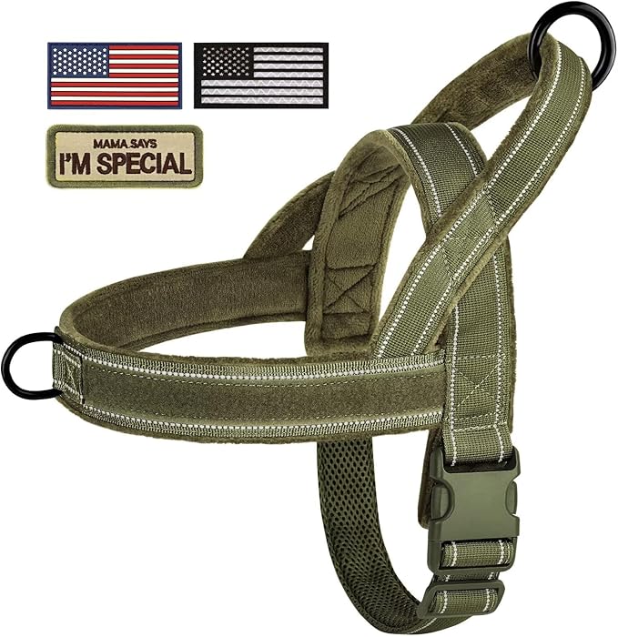 Forestpaw No Pull Dog Harness with Flannel Lining, Reflective Escape Proof Vest for Medium Dogs, Quick Release Comfortable for Walking Training (Includes Patches),Green M