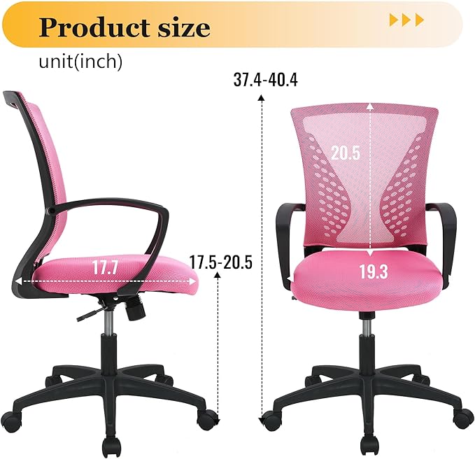 Office Chair Desk Chair Computer Chair with Lumbar Support Armrest Mid Back Rolling Swivel Task Adjustable Mesh Ergonomic Chair for Women Adults, Peach Pink