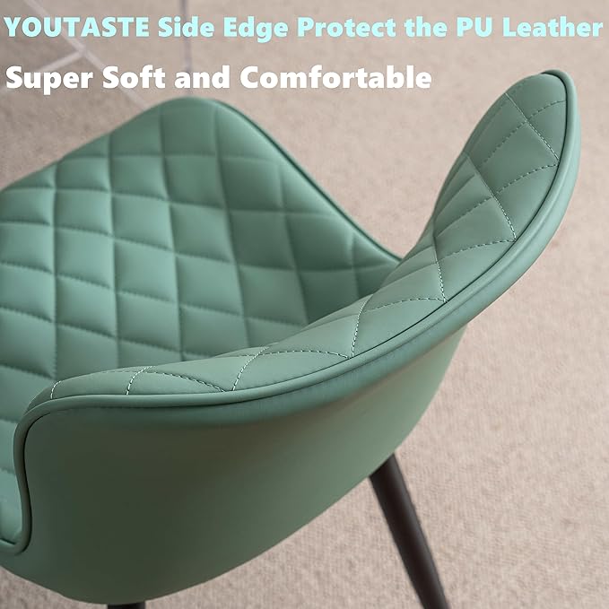 YOUTASTE Light Green Dining Chairs Set of 2 Mid Century Modern PU Leather Diamond Upholstered Accent Guest Dinner Chair with Back Metal Legs for Kitchen Living Reception Waiting Room