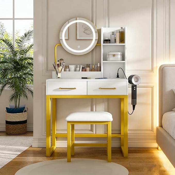 Ball & Cast Vanity Desk with Mirror & Power Outlet,3 Dimmable Colors Light Small Makeup Vanity Table Set with 2 Large Drawers & Chair,Adjustable Brightness Dressing Table for Women Girls Bedroom