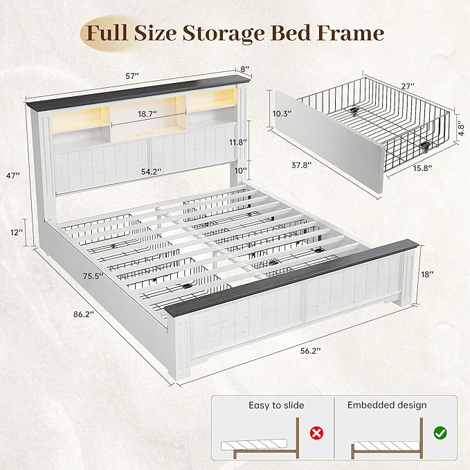 EnHomee Full Size Bed Frame with Headboard, Full Bed Frame with 4 Drawers Charging Port & LED, Farmhouse Bed Full Built in Charging Station,No Box Spring Needed,NO Noise,White with Grain Marks