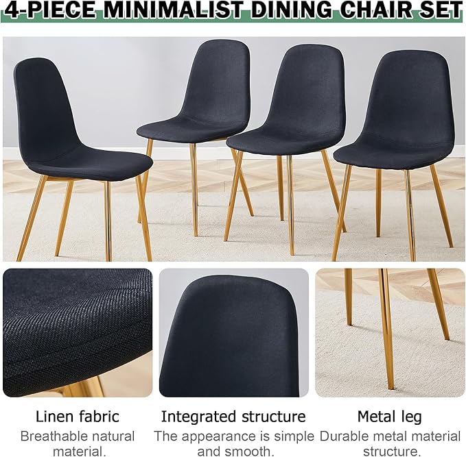 Dining Chairs Set of 4,Luxury Modern Kitchen Dining Room Chairs with Metal Golden Leg and Linen Material High Resilience for Dining Room,Restaurant,Living Room, Bedroom, (Black+Gold)
