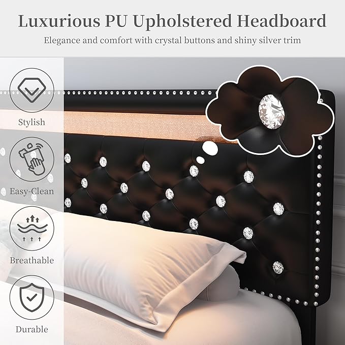 Queen Led Bed Frame with 2 Drawers, Heavy Duty Upholstered Platform Bed Frames Queen Size with Storage and Adjustable Crystal Button Tufted Headboard, No Box Spring Needed, Easy Assembly, PU Black