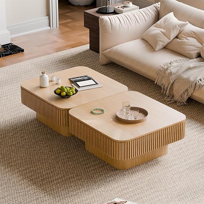 Square Coffee Table for Living Room,Fluted Drum Accent Tea Center Table with Storage,Solid Wood Modern Coffee Tables for Small Space Office Apartment (31.5" L×31.5''W×14''H-Natural)