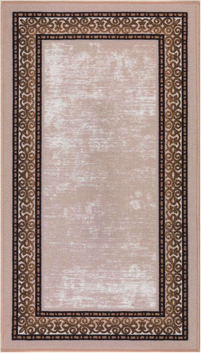 Antep Rugs Alfombras Bordered Modern 2x4 Non-Slip (Non-Skid) Low Pile Rubber Backing Kitchen Area Rug (Beige, 2'3" x 4')