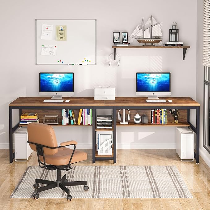 Tribesigns Two Person Desk with Bookshelf, 78.7 Computer Office Double Desk for Two Person, Rustic Writing Desk Workstation with Shelf for Home Office (Brown)