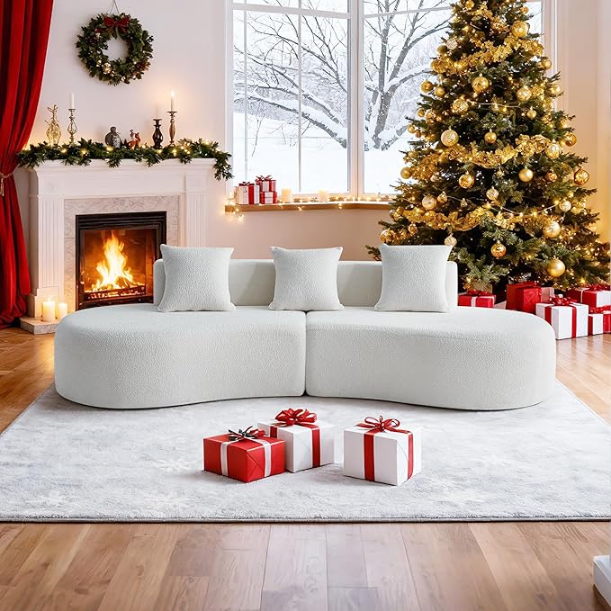 109'' Curved Couch, Mid Century Modern Half Moon Sofa, Luxury 3-Seat Couch with High-Density Foam Filled, Raindrop Velvet Fabric Sectional Sofa for Living Room, Apartment, Office, White