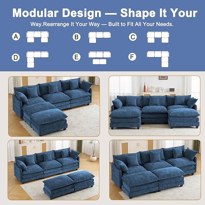 111.4" U Shaped Cloud Couch Sectional with 2 Ottoman｜Modular Chenille Sofa with 29.1" Deep Seat｜FSC Solid Wood Frame｜Easy Assembly & 1YR Guarantee｜for Living Room Bedroom Apartment