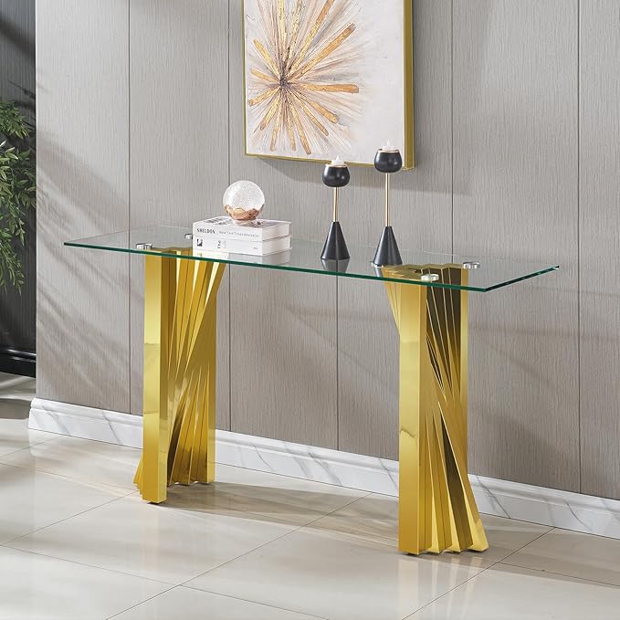 Goujxcy Modern Glass Console Table 55" Gold Entryway Table with Tempered Glass Top and Mirror Finish Stainless Steel Legs, Luxury Rectangular Sofa Table for Living Room Hallway Corridor Table (Gold)