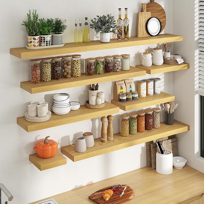 48 Inch Floating Shelves for Wall, 8 Inch Deep Floating Shelf for Storage & Display, Rustic Wall Mounted Shelf with Invisible Brackets for Living Room, Kitchen, Bathroom, Home Decor, Set of 2, Oak