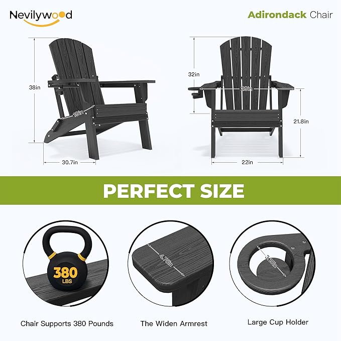 nevilywood Folding Adirondack Chair - Extended Ergonomic Backrest, Cup Holder - Easy Assembly - Durable HDPE Plastic, Weather Resistant & Maintenance-Free - Lawn, Patio, Deck Supports 380lbs Black