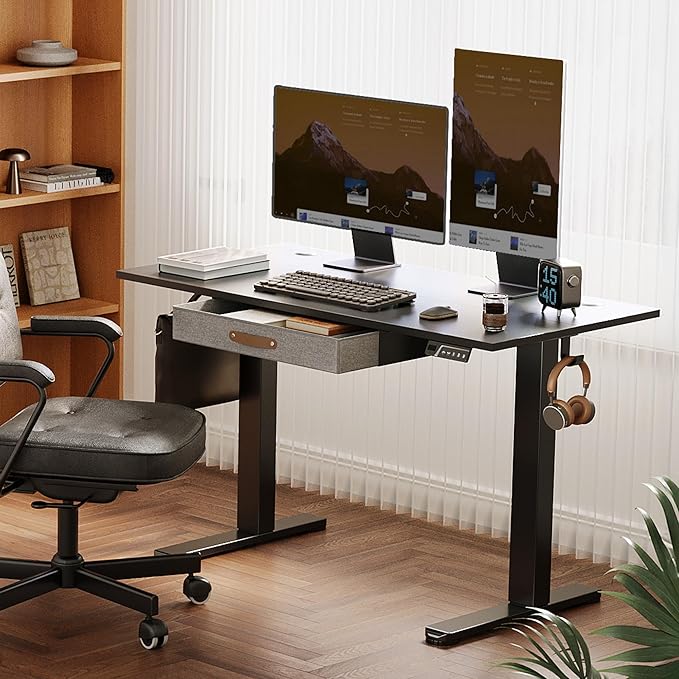 Seang Standing Desk with Drawer, 48" x 24" Height Adjustable Stand Up Desk, 3 Memory Height Settings with Cable Grommets & Storage Hooks, Ideal for Home & Office, Black