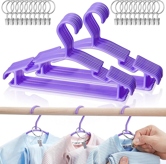 Baby Hangers with Metal Ring Clips, Children Plastic Hanger for Kids Pants Clothes Closet, 20 Pack, Purple
