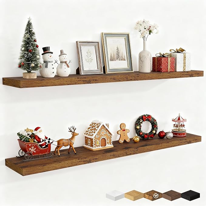 Fun Memories 55 Inch Fireplace Mantel Shelf -Long Floating Shelves, Deep Wall Mounted Farmhouse Display Shelves with Invisible Heavy Duty Metal Bracket, Brown, 2 Pack
