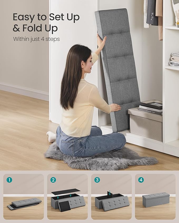 SONGMICS MAZIE Collection - 43 Inches Folding Storage Ottoman Bench, Ottoman Foot Rest, End of Bed Bench, Storage Chest, Load 660 lb, for Living Room, Bedroom, Entryway, Light Gray ULSF77G