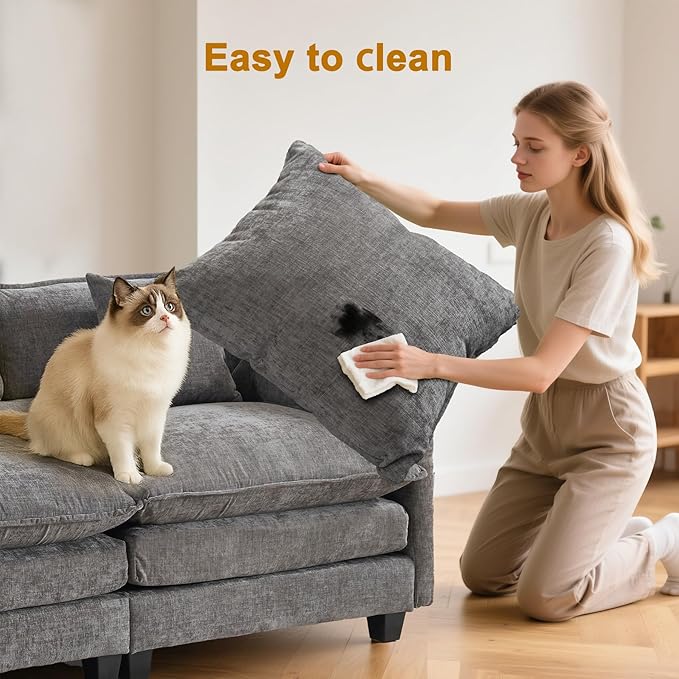 111.4" Cloud L Shaped Sectional Couch with Ottoman｜Modular Chenille Sofa with 29.1" Deep Seat｜FSC Solid Wood Frame｜Easy Assembly & 1YR Guarantee｜for Living Room Bedroom Apartment，Grey