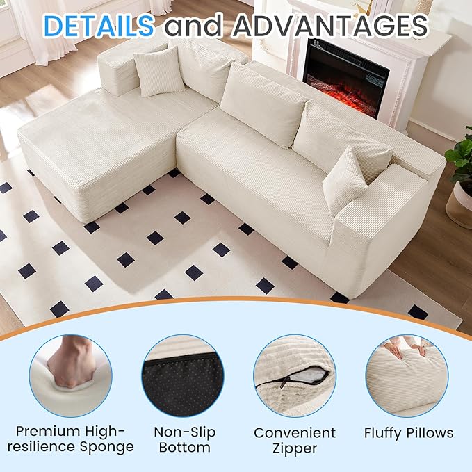 PUREMIND 106" White Cloud Sectional Couch Sectional Couches for Living Room, Corduroy L Shape Sofa with Deep Seat, Modular Boneless Foam Couch Corner Couches No Assembly Required
