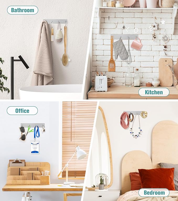 RELBRO Key Holder Wall Mount, Large Metal Self Adhesive Key Rack with 4 Hooks, 2 Installation Options, Silver