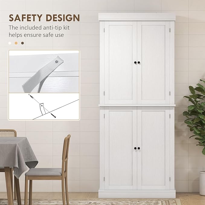 HOMCOM 72.5" Freestanding Kitchen Pantry Cabinet, Tall Storage Cabinet with 4 Doors and 2 Adjustable Shelves for Dining Room, White Wood Grain