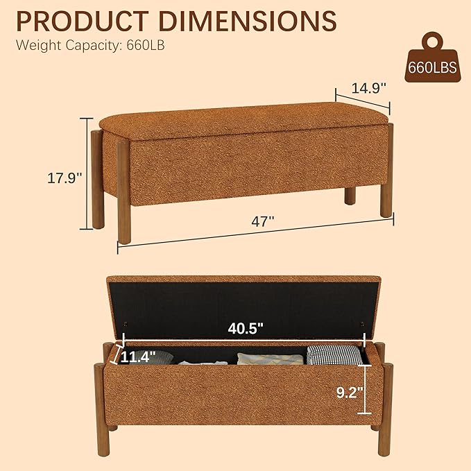 Modern Storage Benches with Walnut Wood Legs, 47'' Ottoman Bench with 20 Gallons Storage Space for Bedroom End of Bed, Fabric Upholstered Entryway Bench with Seating for Livingroom, Orange