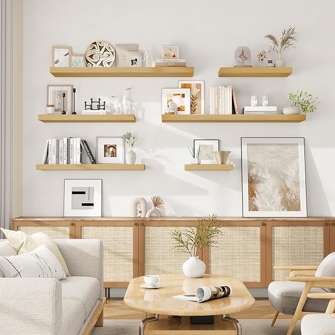 Fun Memories 24 Inch Floating Shelves for Wall, 9.3Inch Deep Floating Shelf, Extra Deeper & Thicker Wall Mounted Storage Shelf for Kitchen, Farmhouse, Oak, 2 Pack