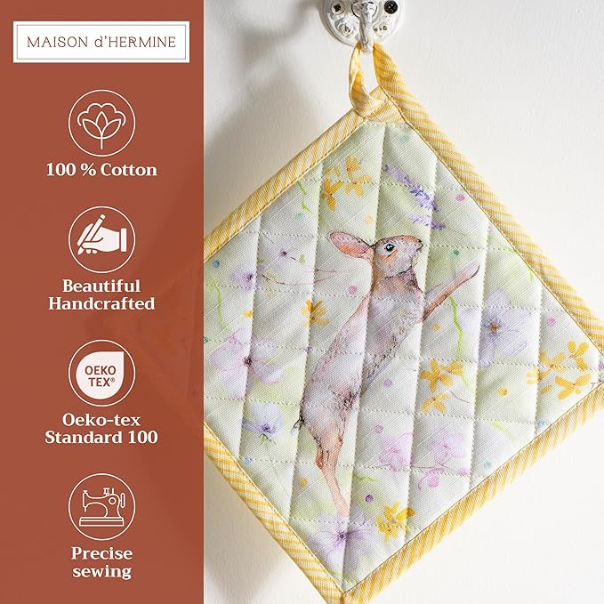 Maison d' Hermine Pot Holders Set 100% Cotton Heat Resistant Potholders 8" x 8" Hot Pads with Loop BBQ, Cooking, Baking, Grilling, Kitchen, Handling Hot Pans Spring/Summer (Pack of 2, Easter Zest)