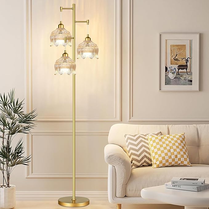 Gold Floor Lamps for Living Room Bedroom-3 Light Glass Floor Lamp with Three Led Bulb,Mid Century Standing Lamp Vintage Brass Tall Lamp Tree Floor Lamp for Bedroom Corner