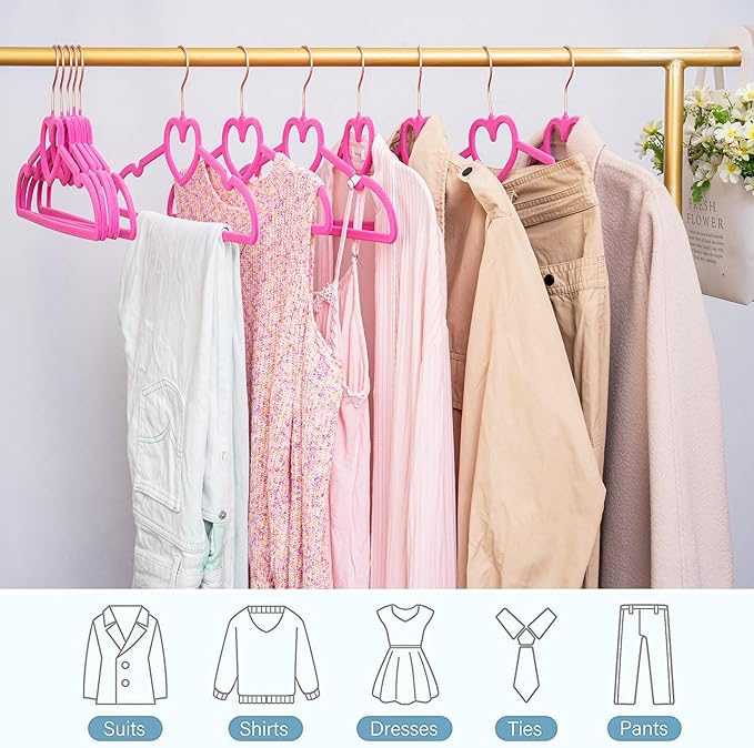 Hot Pink Velvet Hangers 50 Pack, Premium Non-Slip Heart Hanger, 360° Swivel Rose Gold Hooks, Space Saving Slim Hanger, Durable & Cute Clothes Hanger for Adult